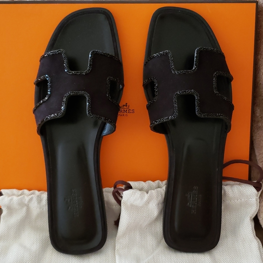 Hermes Suede Sandal with Crystals Black Leather Size 40EU or 10US Limited Ed.New